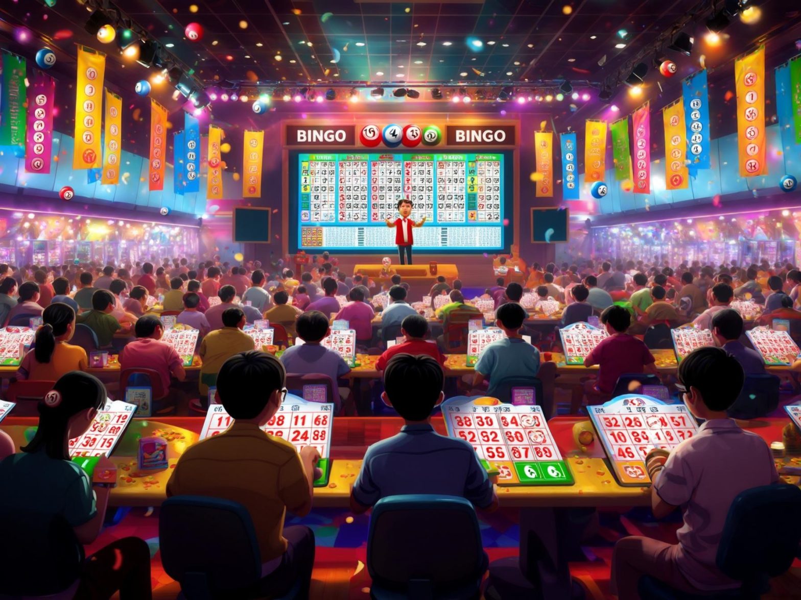 A lively bingo hall filled with players focused on their bingo cards and a host calling out numbers on a brightly lit stage.