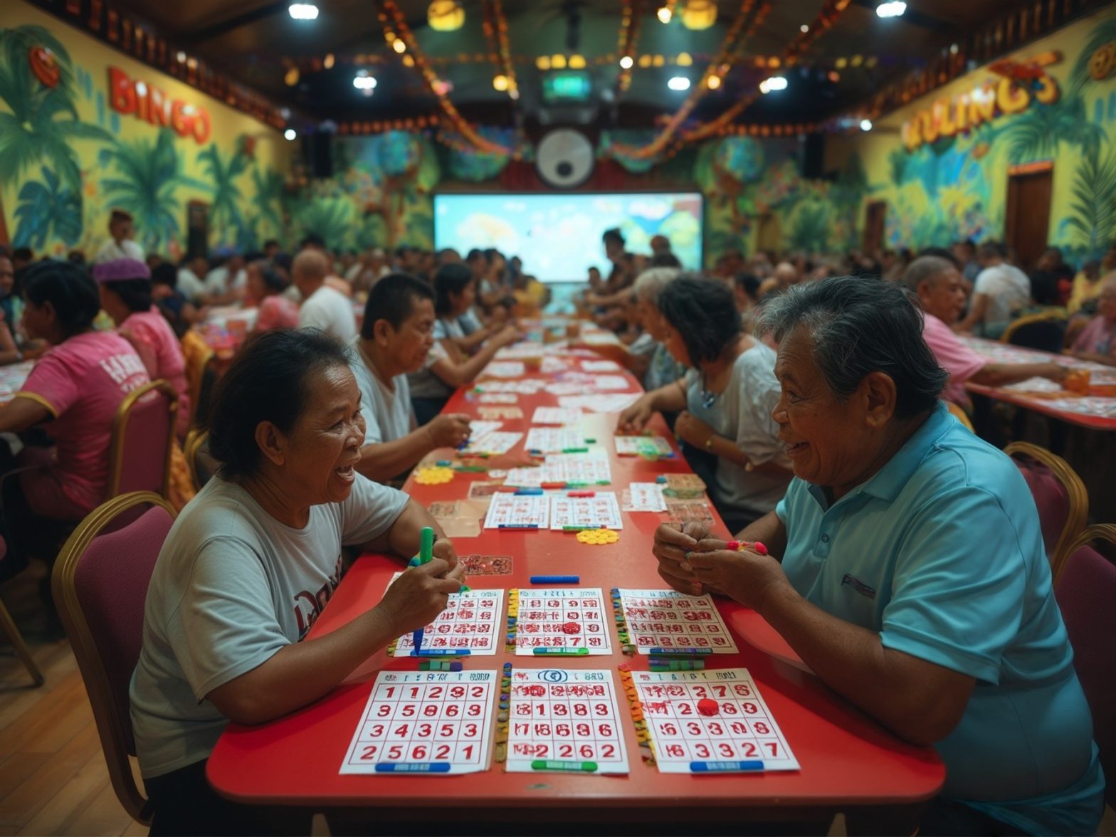A lively bingo hall with people focused on their bingo cards at tables, surrounded by colorful tropical-themed wall decor.