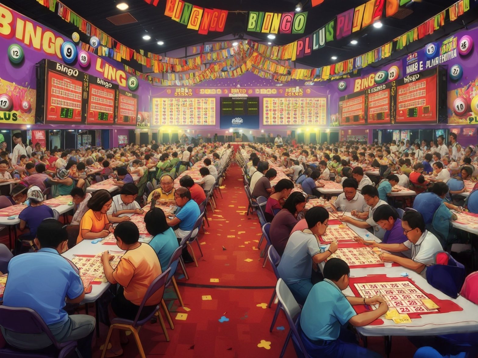 Crowded bingo hall with people intensely focused on their game cards under a colorful, festive interior.