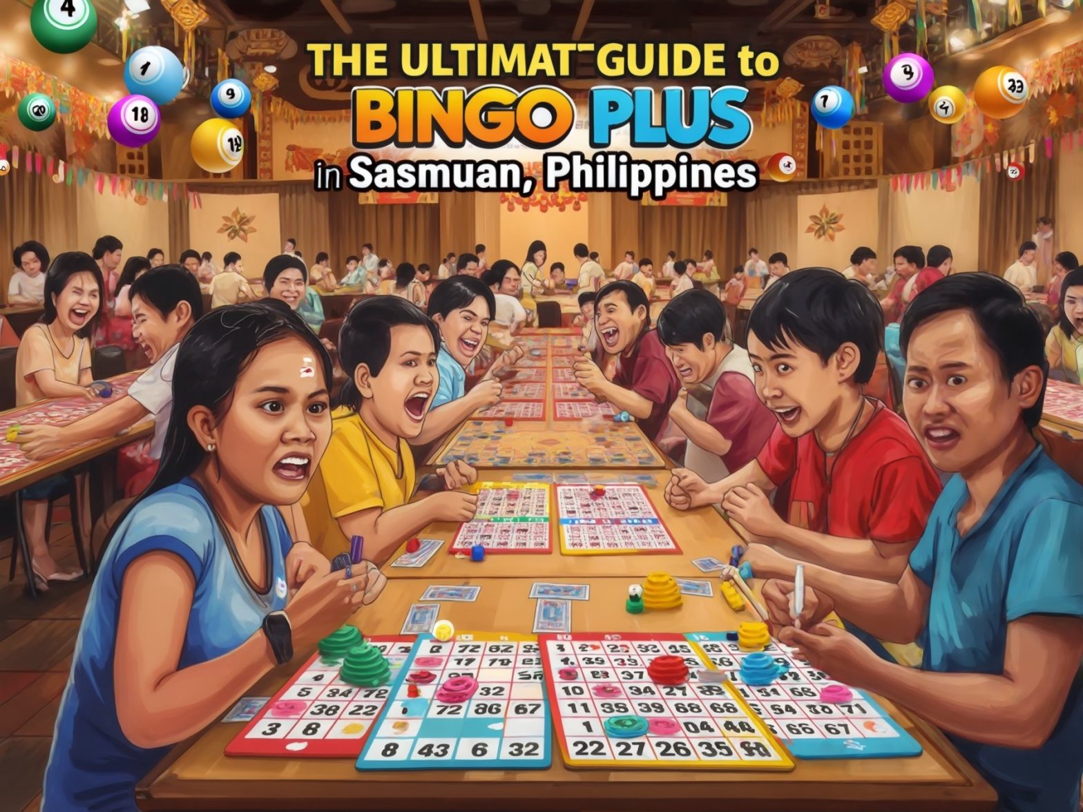 People playing Bingo Plus in a vibrant hall in Sasmuan, Philippines, with colorful bingo cards and number balls.