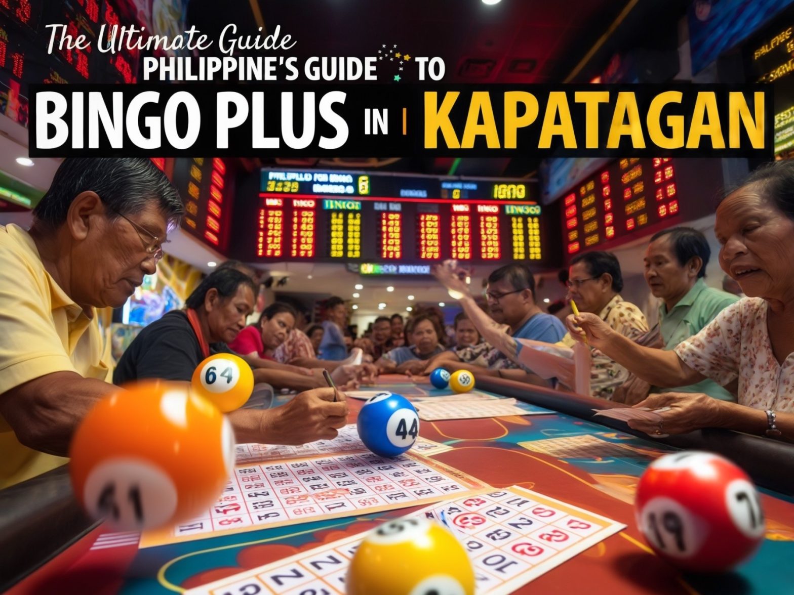 People playing Bingo in Kapatagan with vibrant balls and cards; digital board displays game details, lively atmosphere.