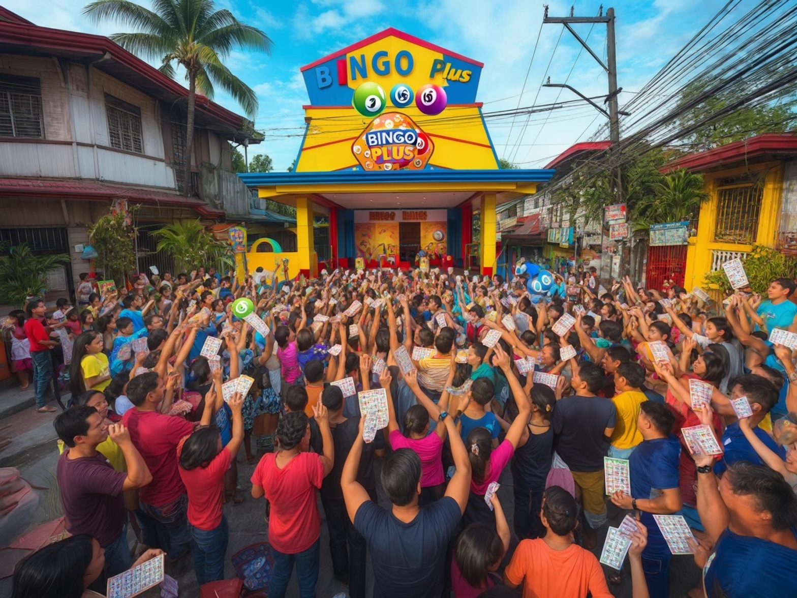 A large crowd of people enthusiastically participating in an outdoor Bingo event, holding up their Bingo cards.