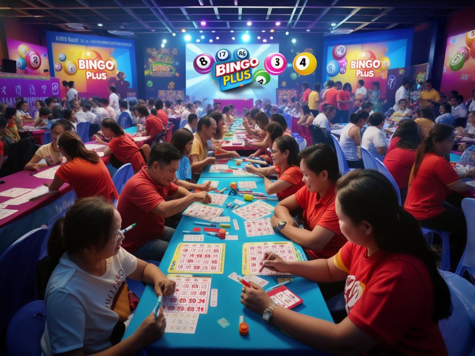 A vibrant bingo hall with players focusing on their bingo cards under colorful Bingo Plus signage.