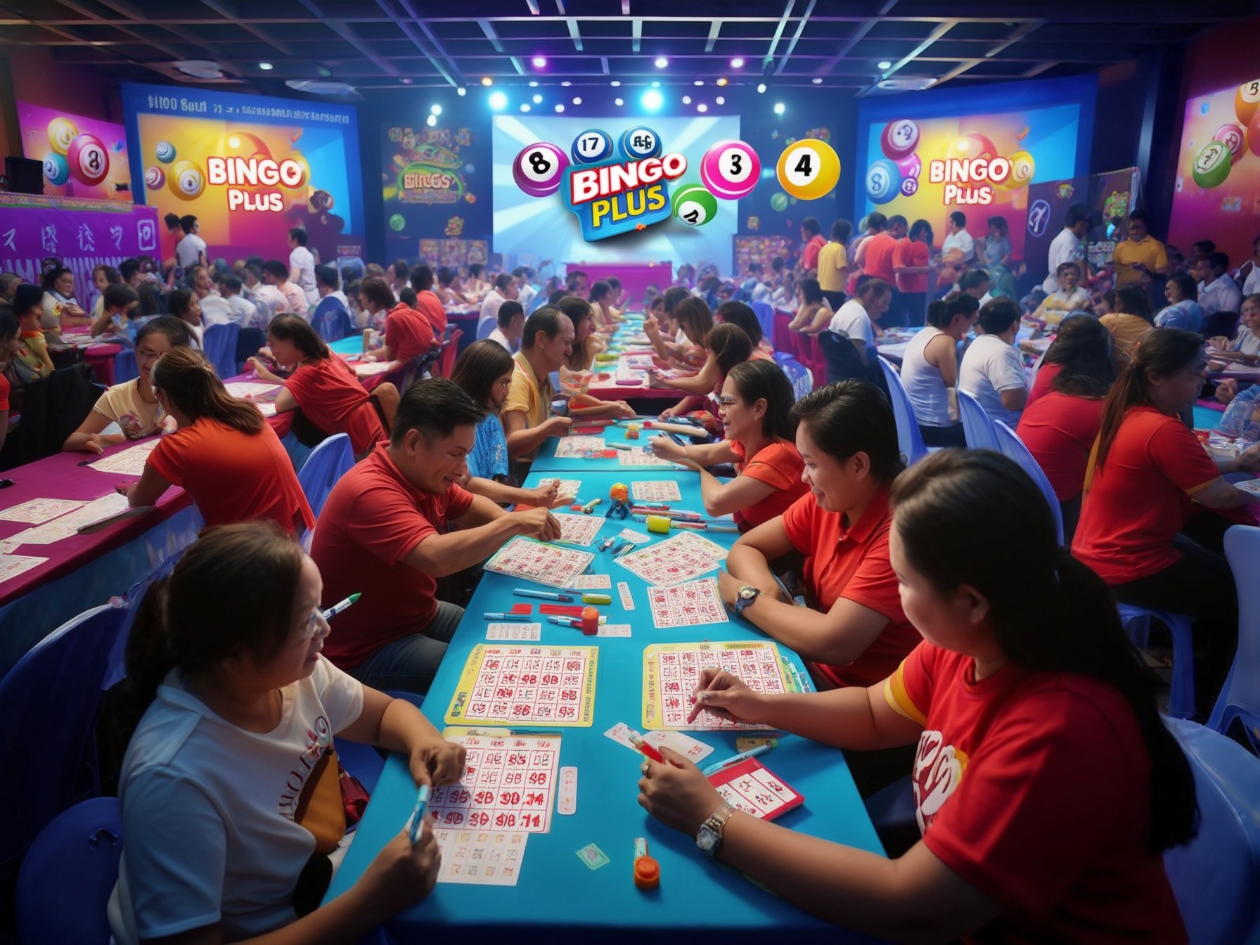 A vibrant bingo hall with players focusing on their bingo cards under colorful Bingo Plus signage.