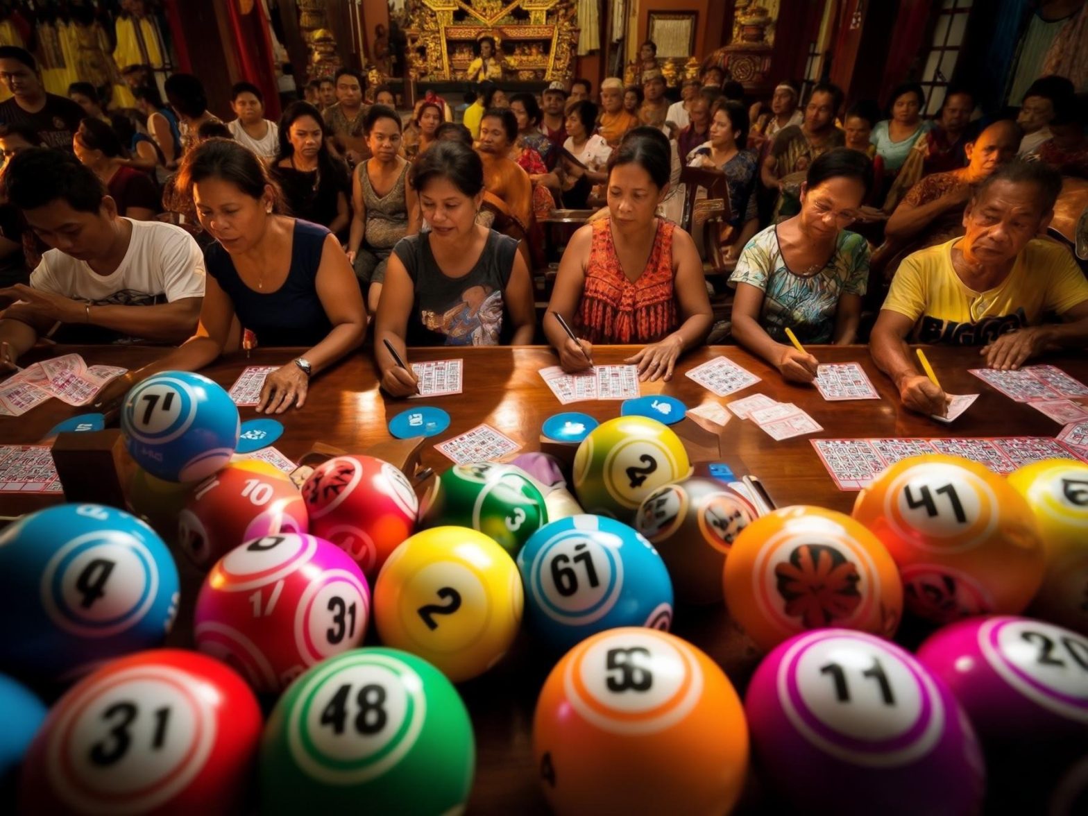 People playing bingo in a lively game setting, surrounded by colorful bingo balls and cards on a wooden table.