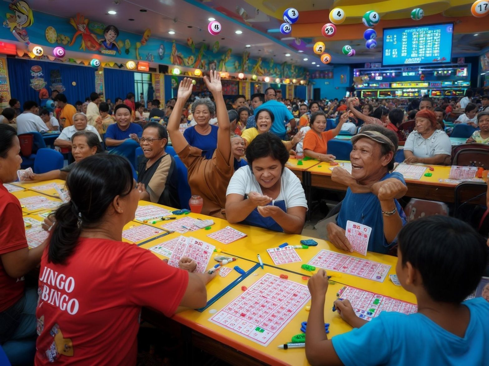 A lively bingo hall with people playing bingo, colorful decorations, and bingo balls displayed on the ceiling.