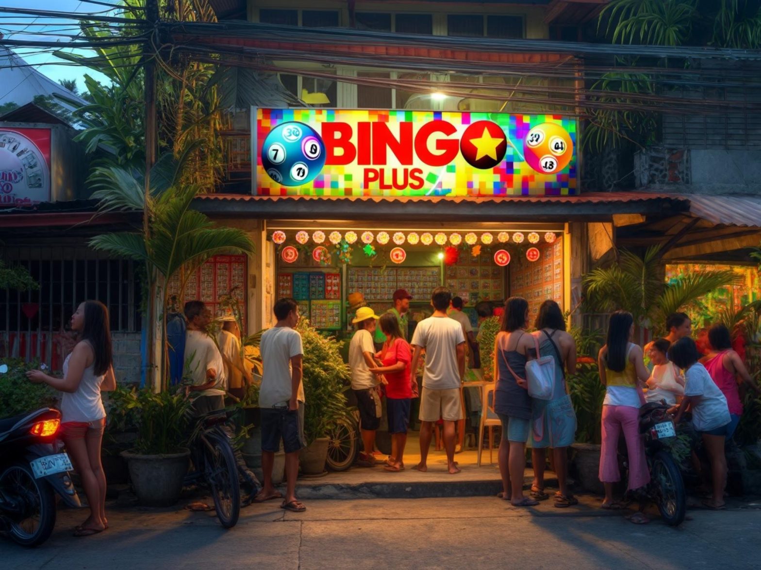 People gathering at a brightly lit street bingo stall in an outdoor setting at dusk, with colorful signage and a lively atmosphere.