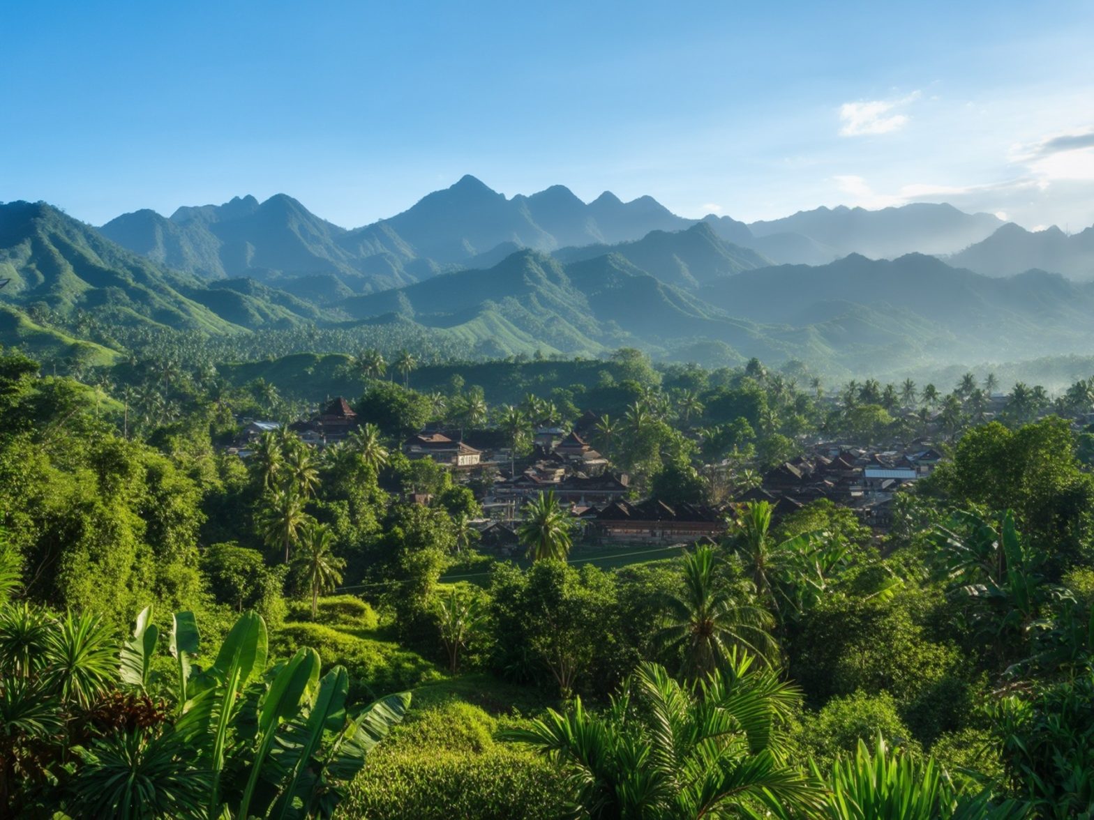 Scenic view of lush green valley with tropical village and mountainous background under a blue sky