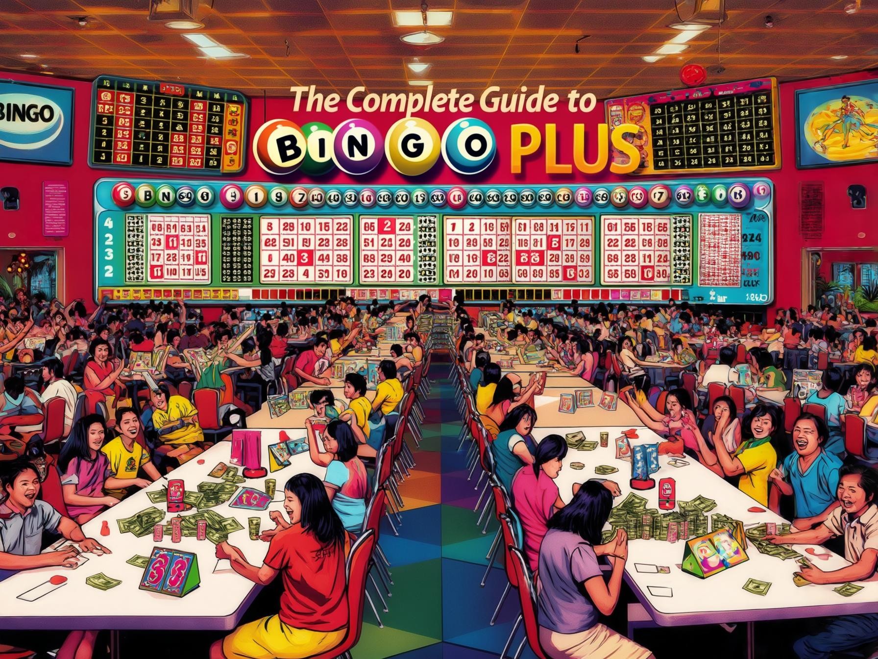 Large Bingo game setting with players at tables, colorful bingo cards and screens displaying numbers; vibrant gaming atmosphere.