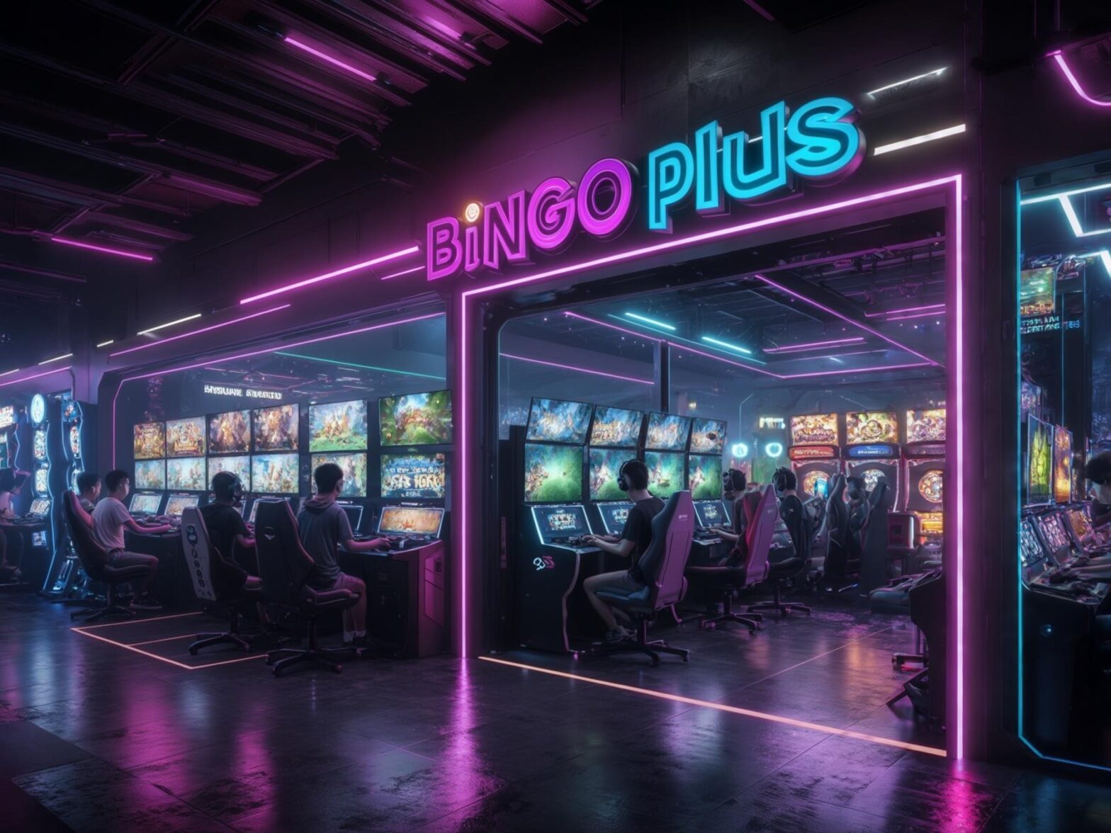 Cyberpunk-themed gaming arcade with neon lights, showcasing gamers engaged with multiple screens in a futuristic atmosphere.