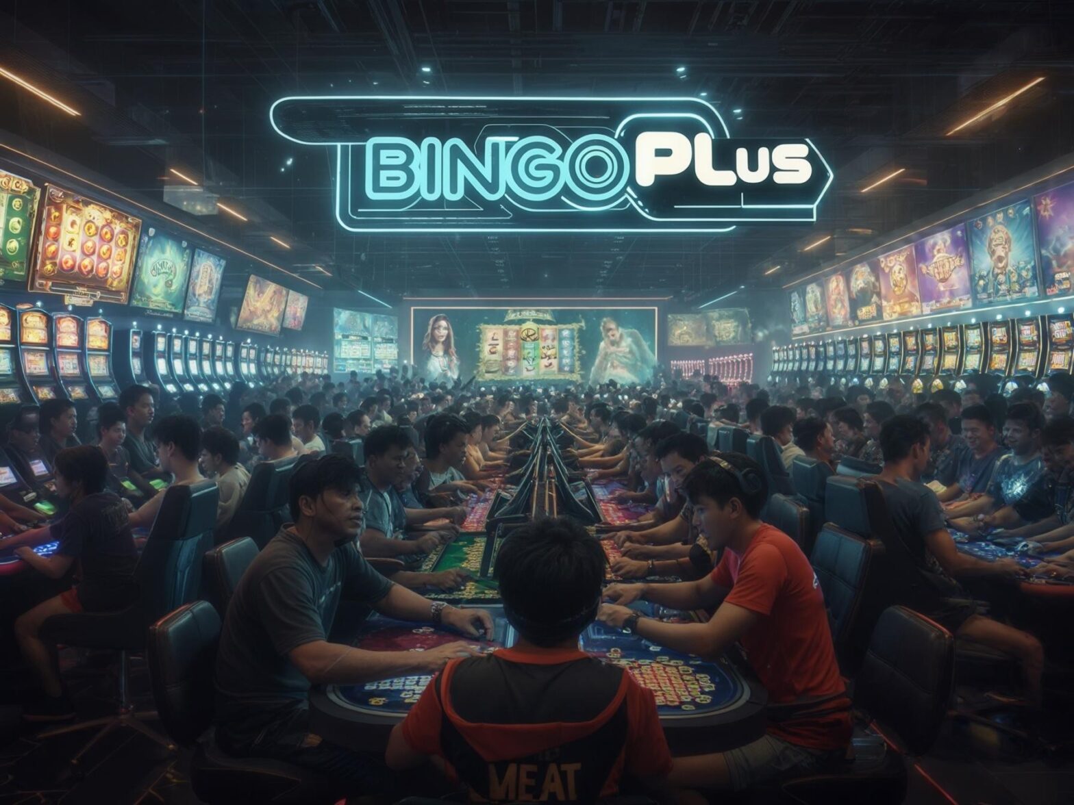 Crowded BingoPlus gaming room with rows of slot machines and large illuminated signs overhead, filled with engaged players.