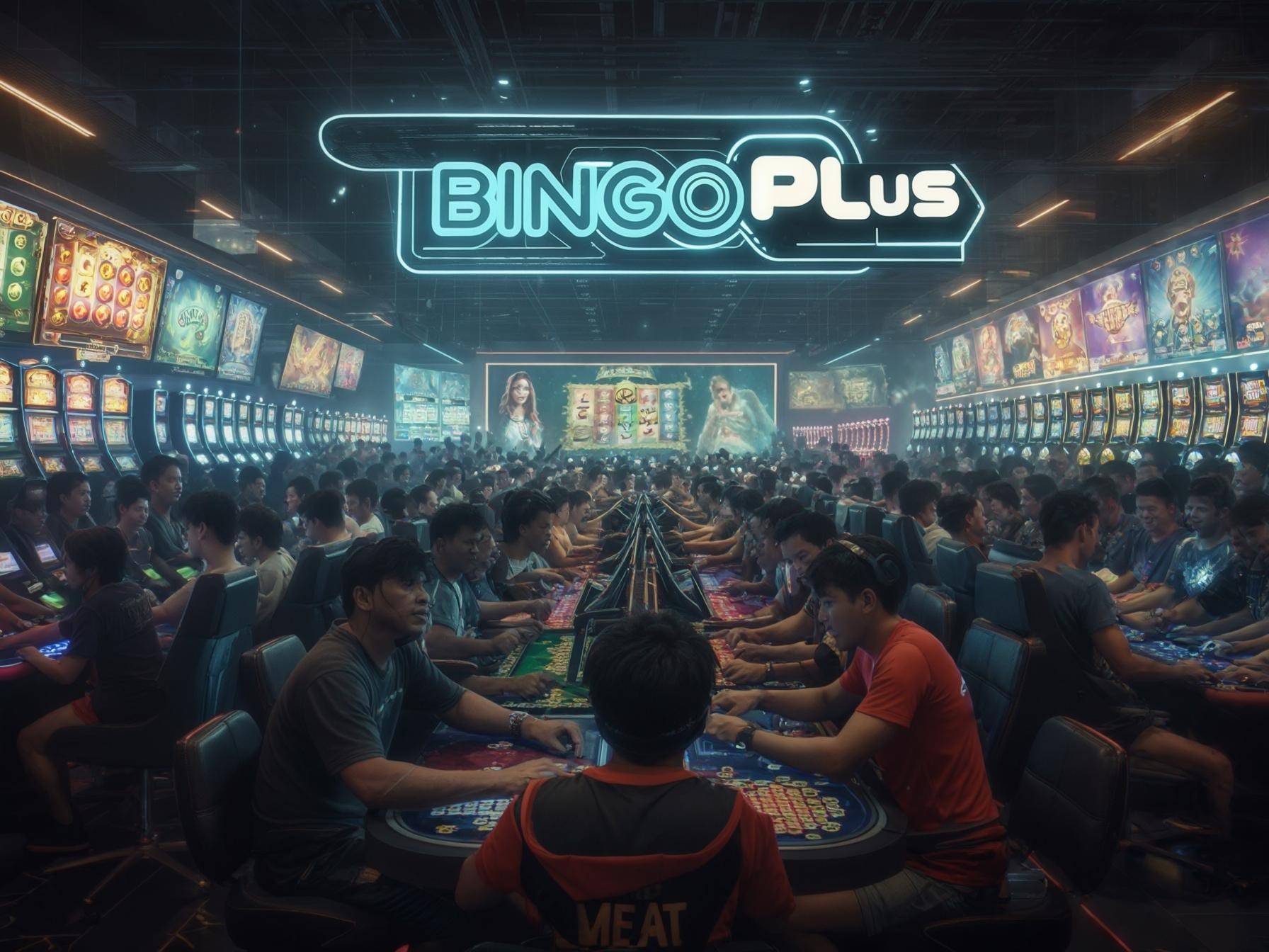 Crowded BingoPlus gaming room with rows of slot machines and large illuminated signs overhead, filled with engaged players.