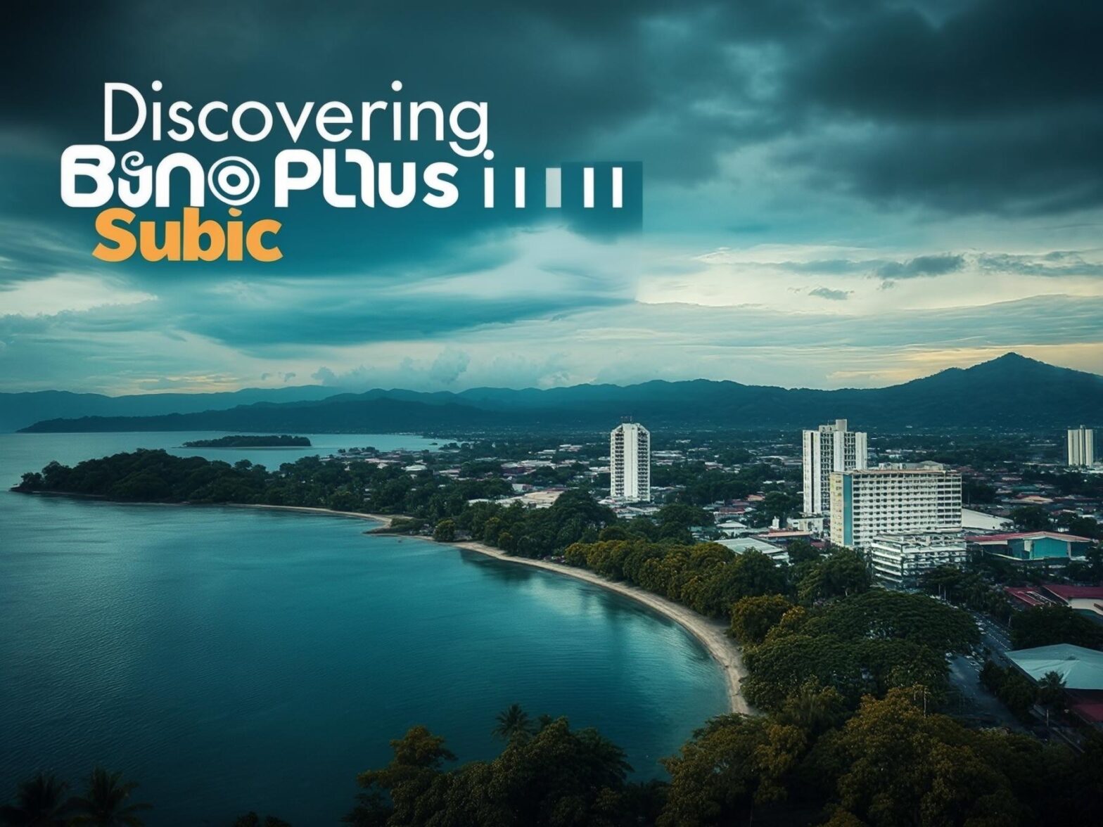 Aerial view of Subic Bay with skyline and lush greenery under dramatic sky, Discovering BinO plus Subic text overlay.