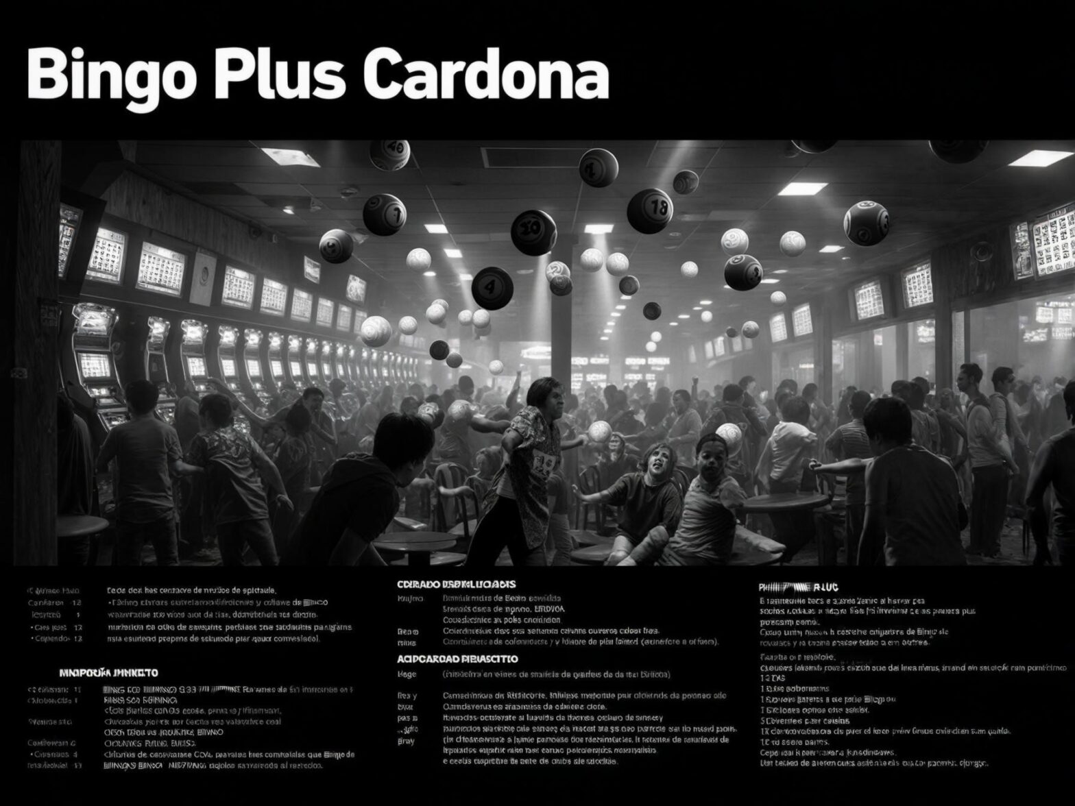 Vintage bingo hall bustling with people; slots machines lining the walls; bingo balls animated in mid-air for dynamic ambiance.