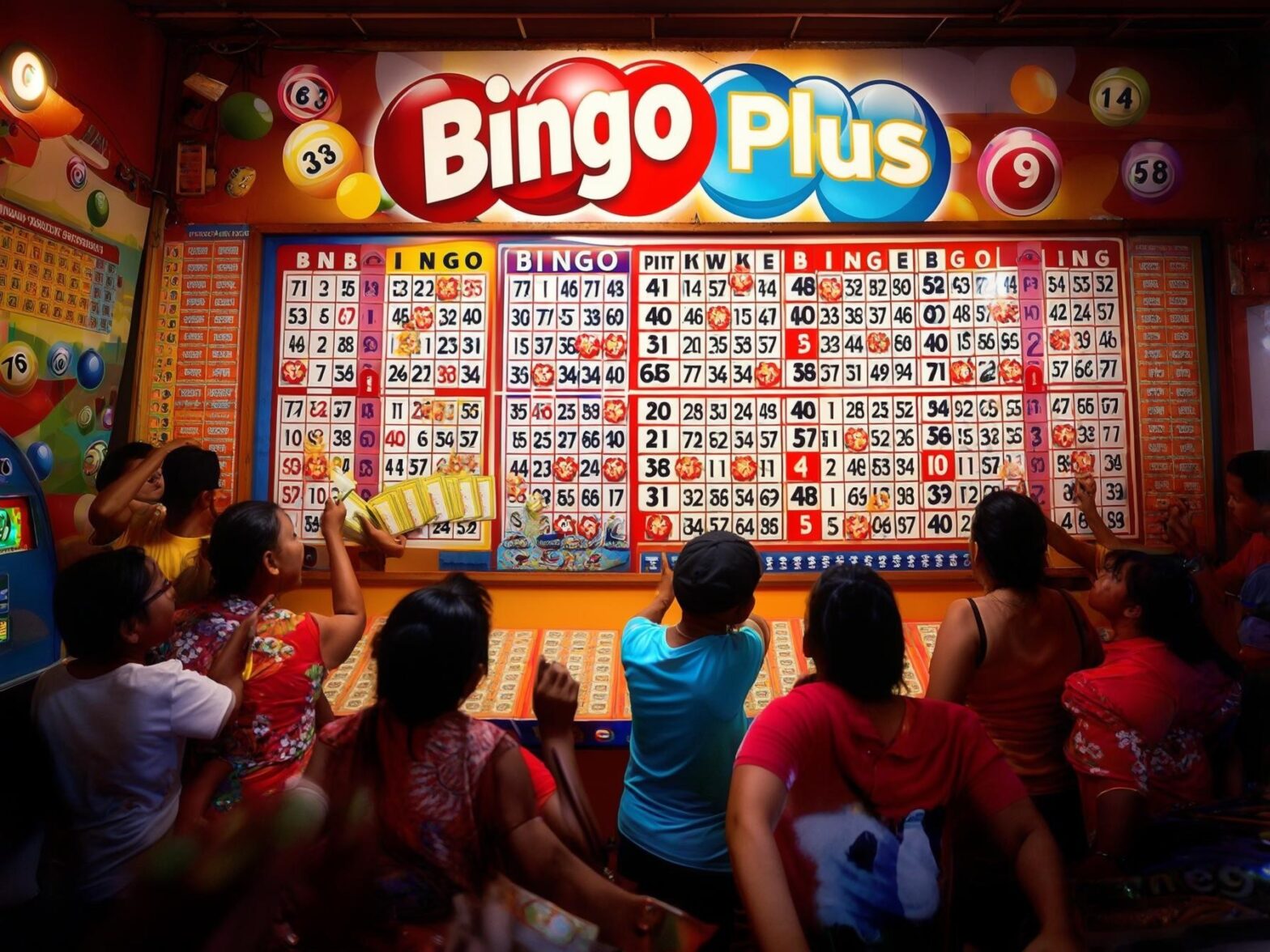 People enjoying a lively bingo game at Bingo Plus with colorful boards and numbers in a vibrant gaming atmosphere.