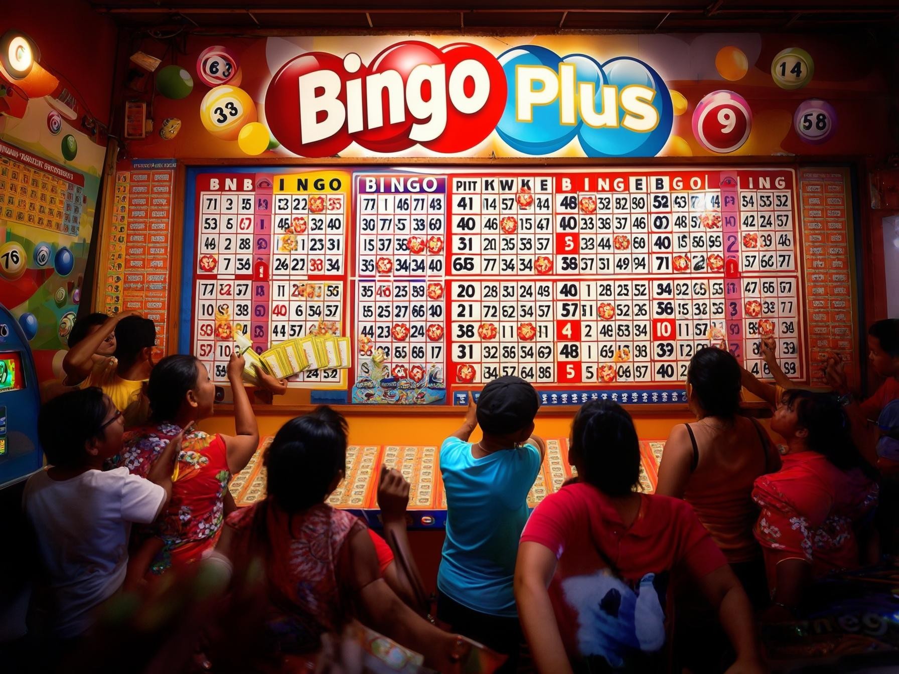 People enjoying a lively bingo game at Bingo Plus with colorful boards and numbers in a vibrant gaming atmosphere.