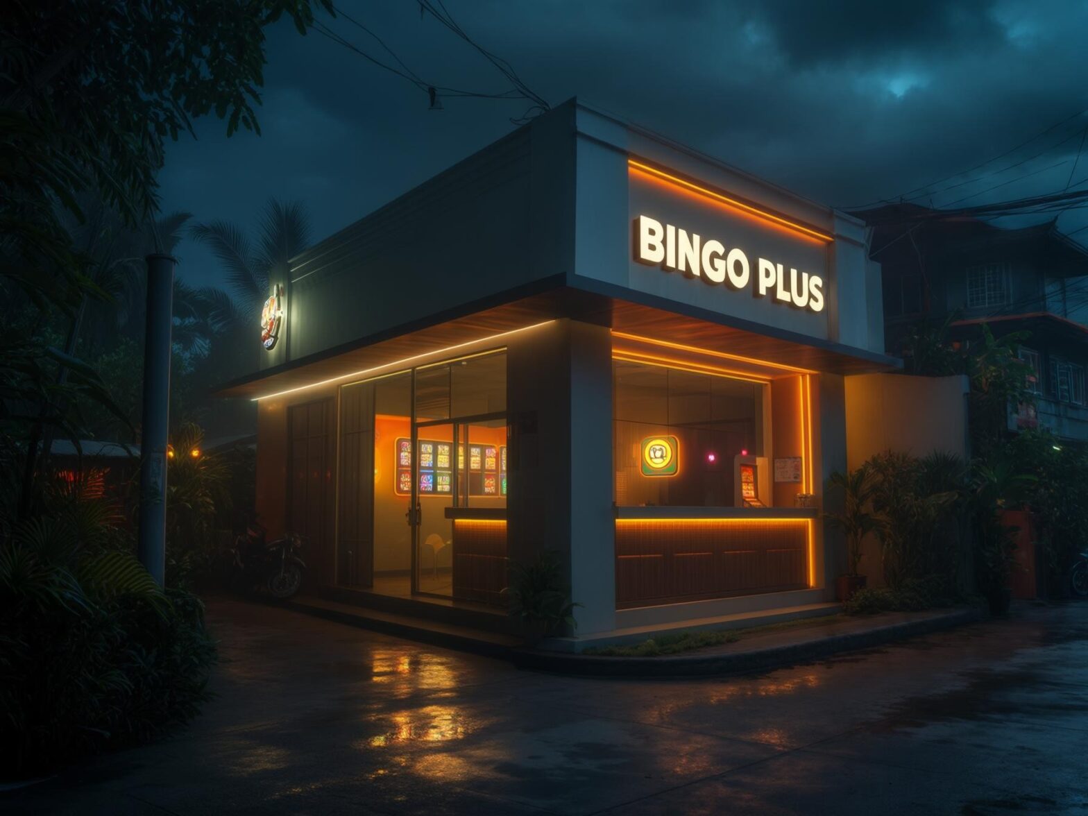 Illuminated Bingo Plus building at night, with a vibrant glow in a moody, rainy tropical setting.