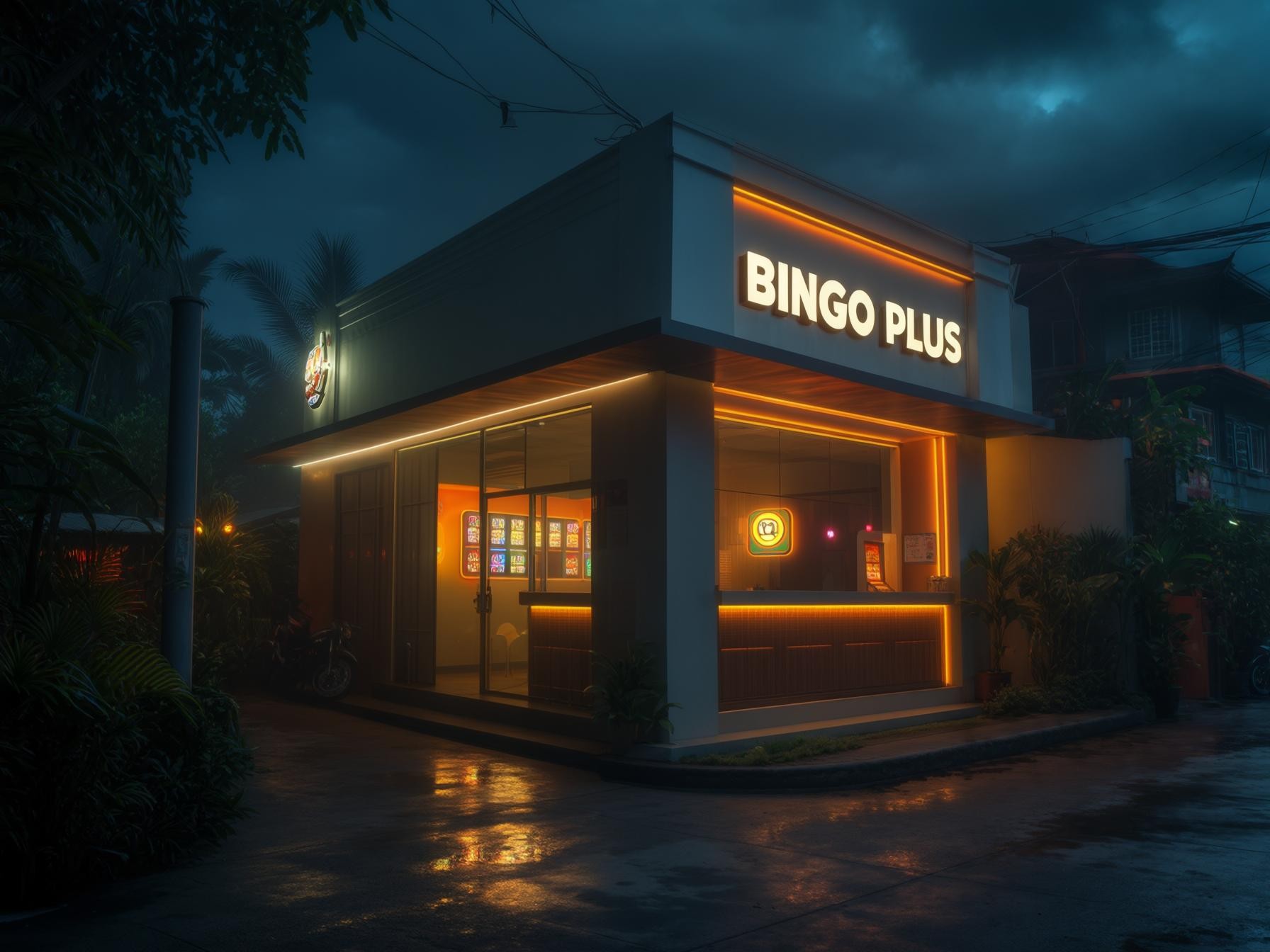 Illuminated Bingo Plus building at night, with a vibrant glow in a moody, rainy tropical setting.