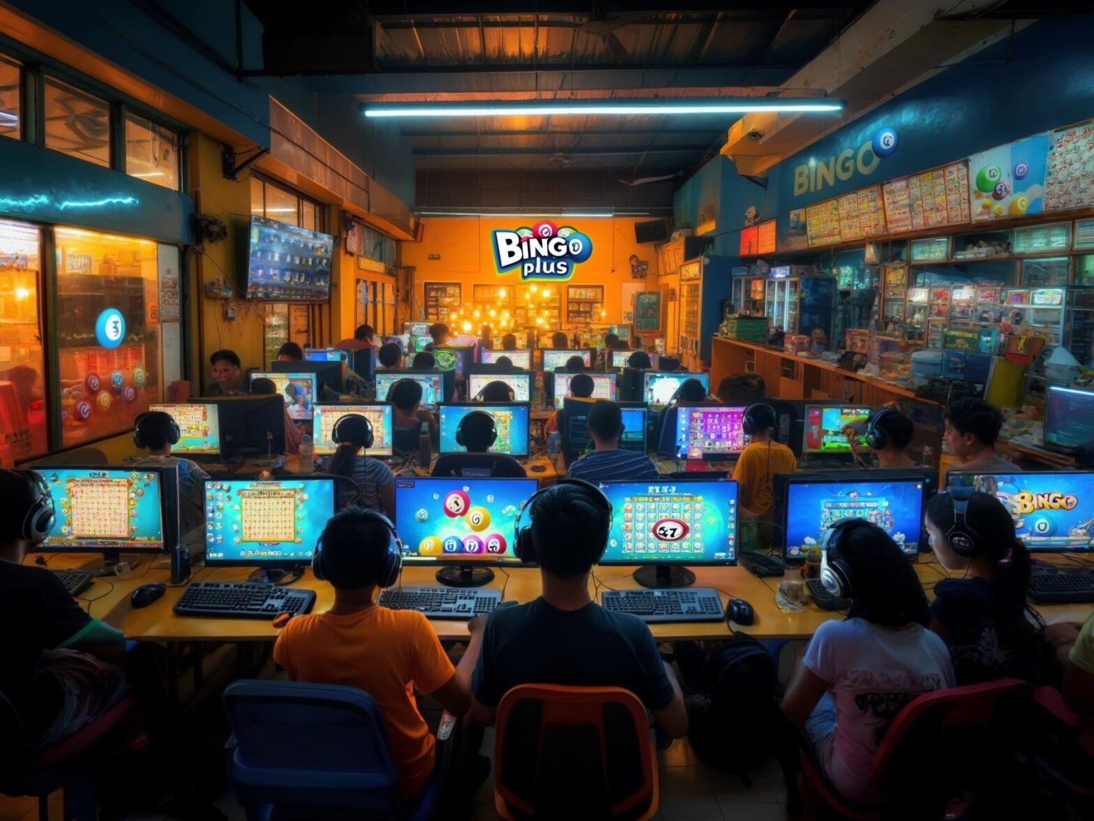 A busy internet cafe with people playing online games on computers, showcasing a vibrant gaming environment.