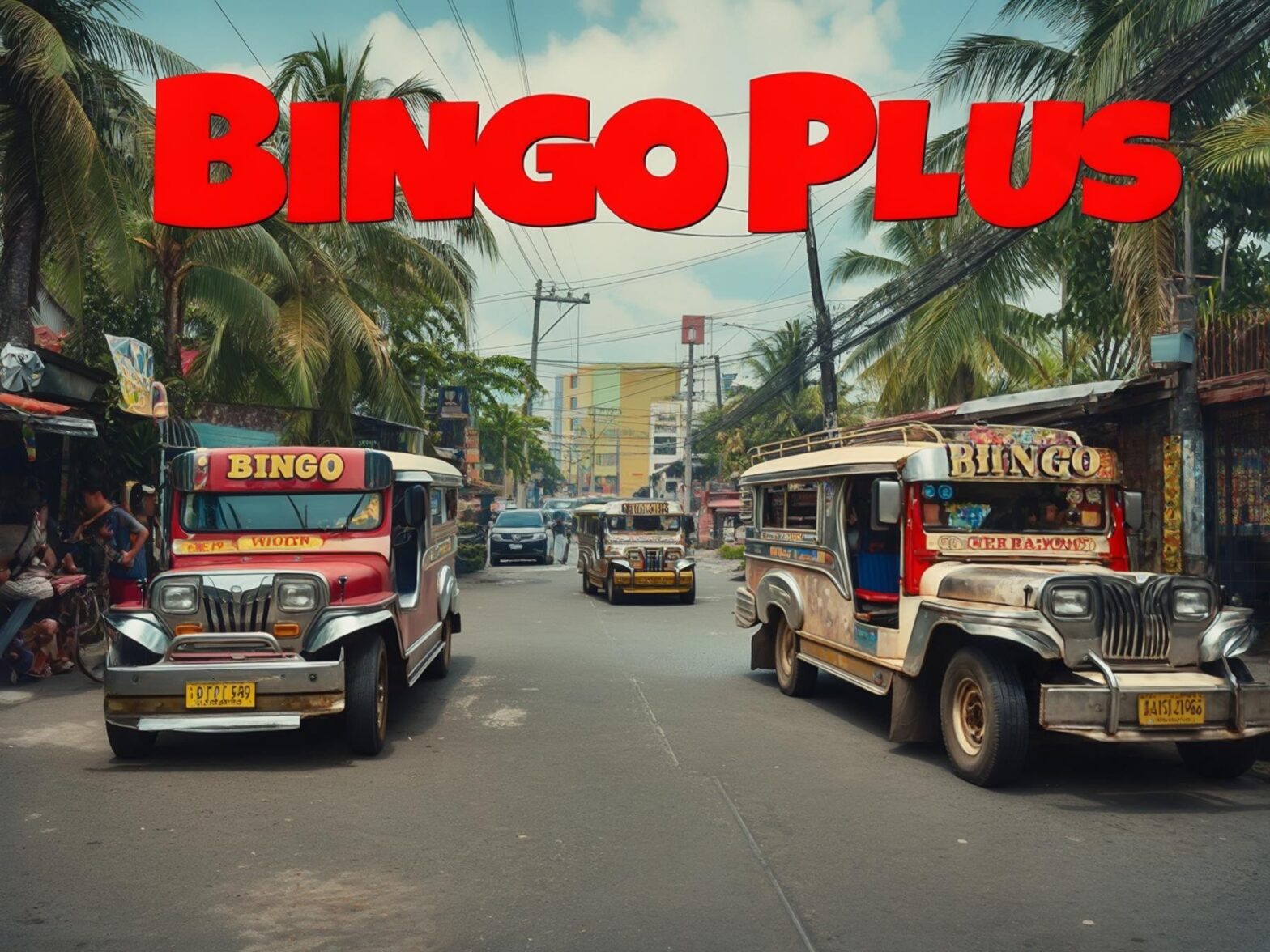 Colorful jeepneys on a busy Philippine street with "Bingo Plus" text above, surrounded by palm trees and street life.