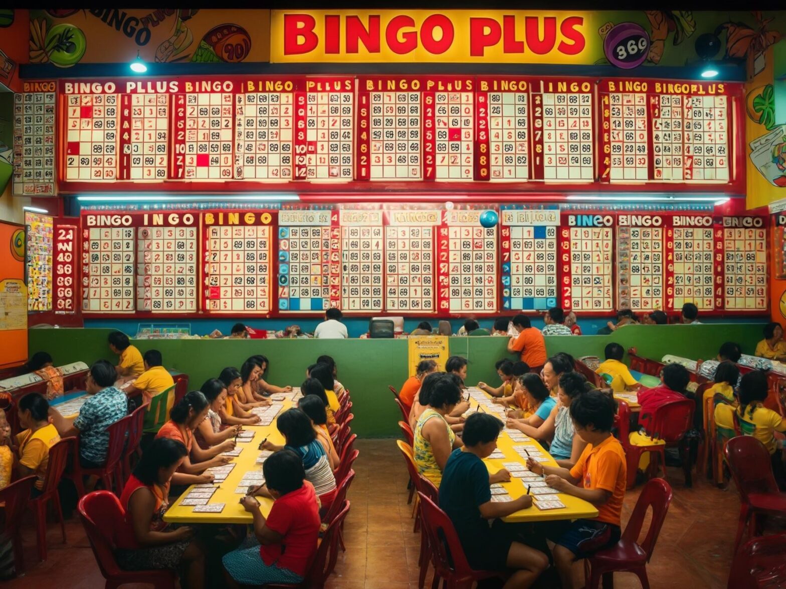 People playing bingo at a brightly lit bingo hall with colorful boards and numbers in the background.