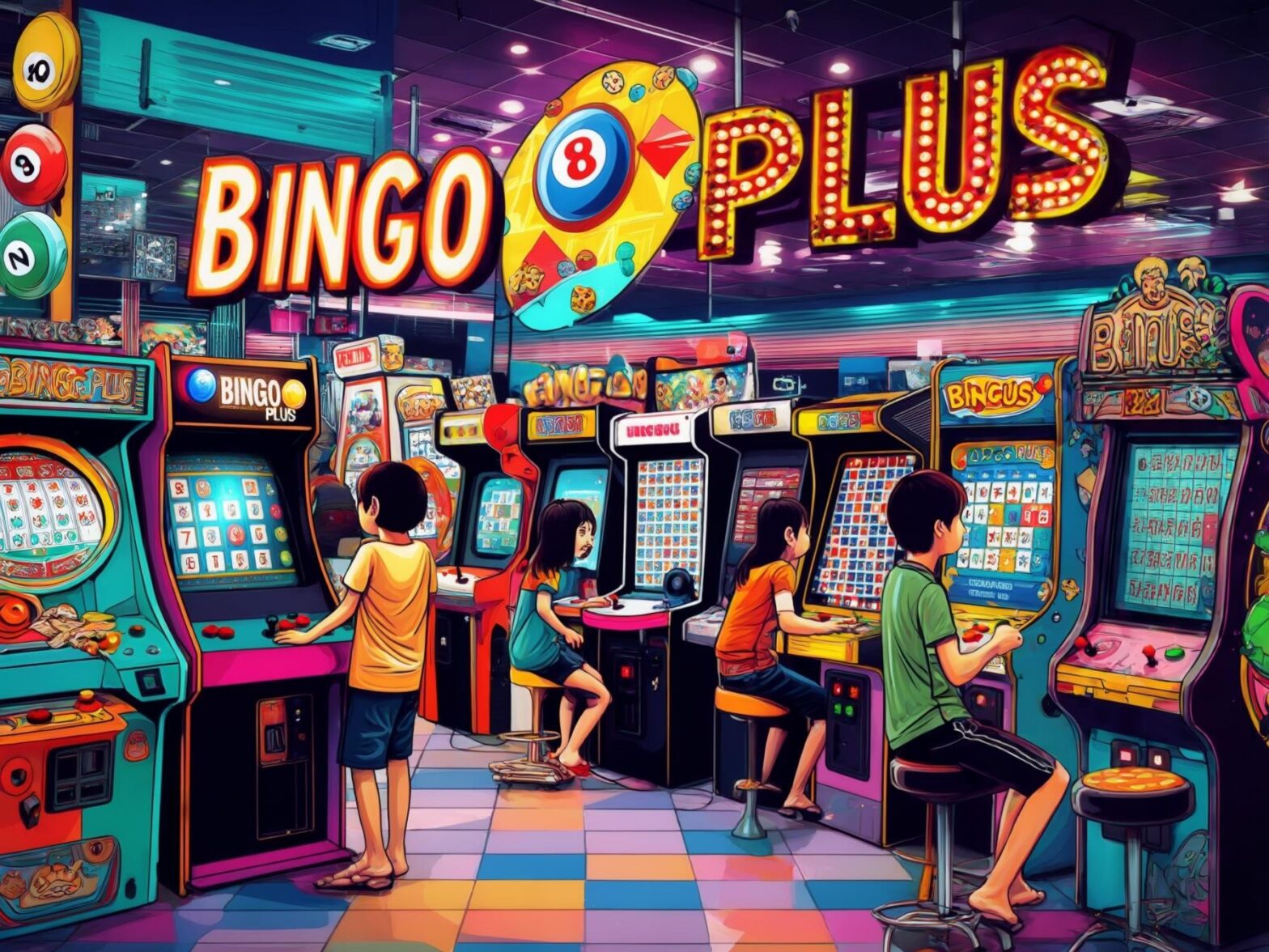 Children playing arcade bingo machines in a vibrant gaming arcade with colorful lights and retro decor.