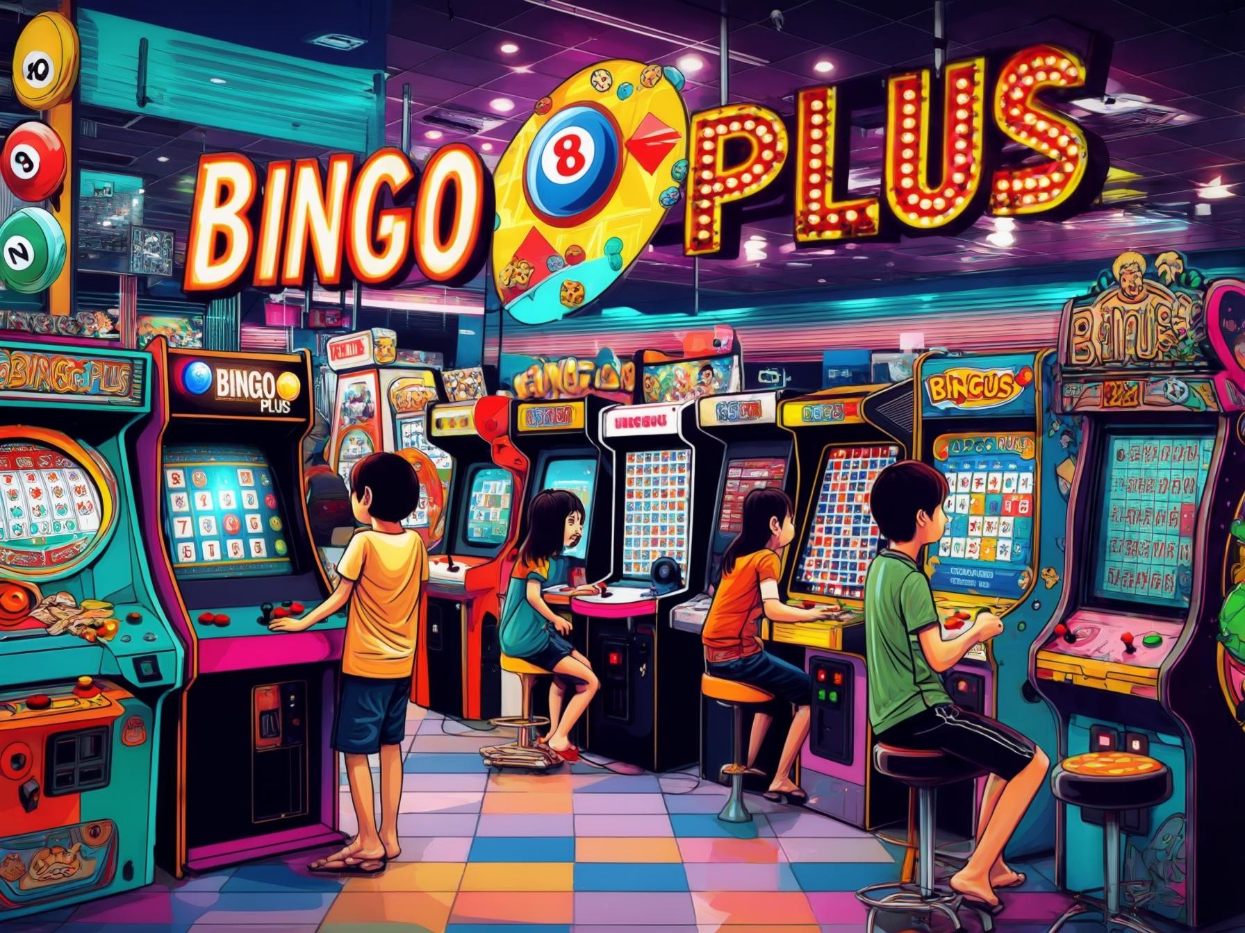 Children playing arcade bingo machines in a vibrant gaming arcade with colorful lights and retro decor.