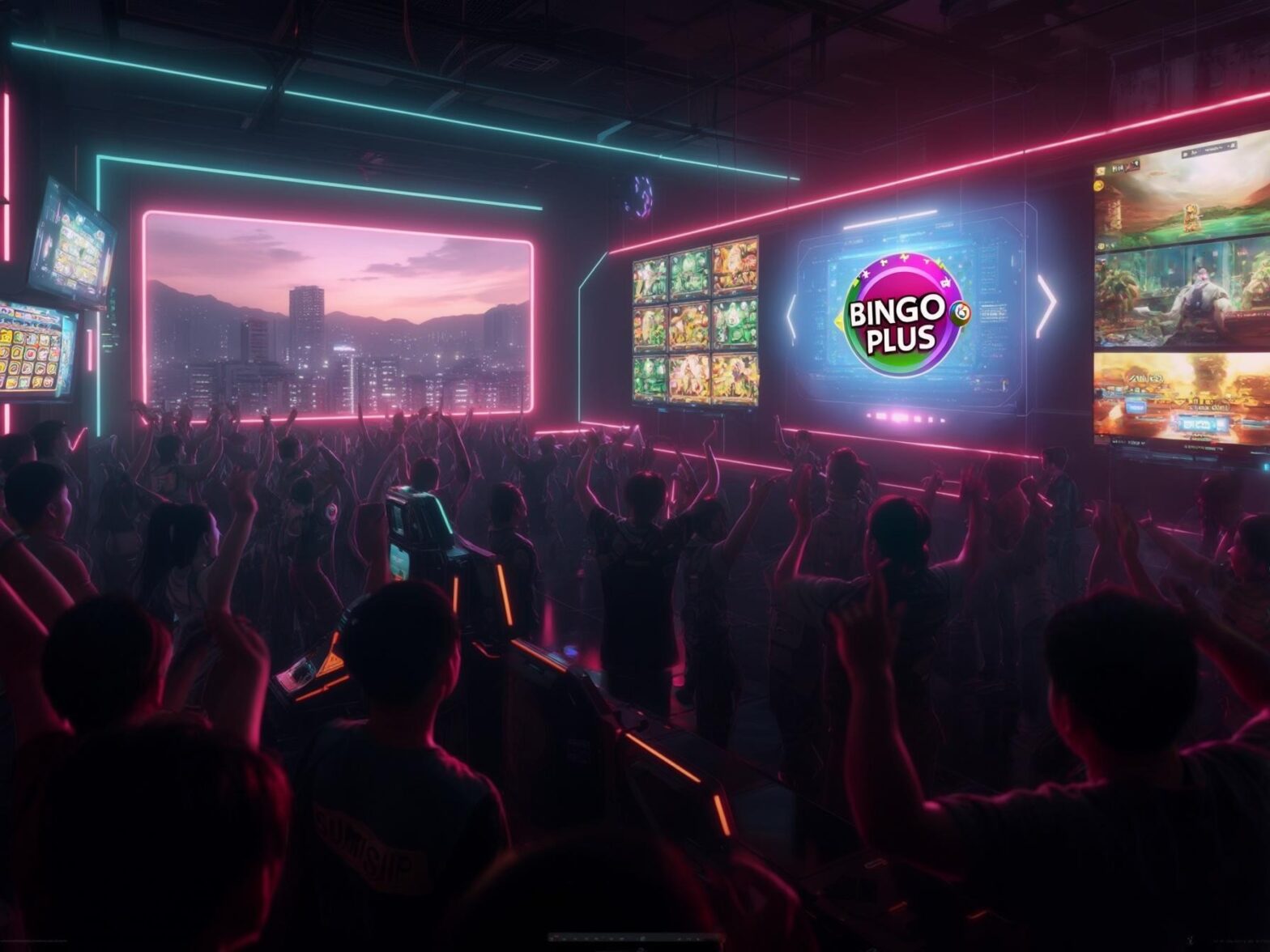 Neon-lit gaming arena with digital screens showcasing Bingo Plus and other games, vibrant event atmosphere with cheering crowd.