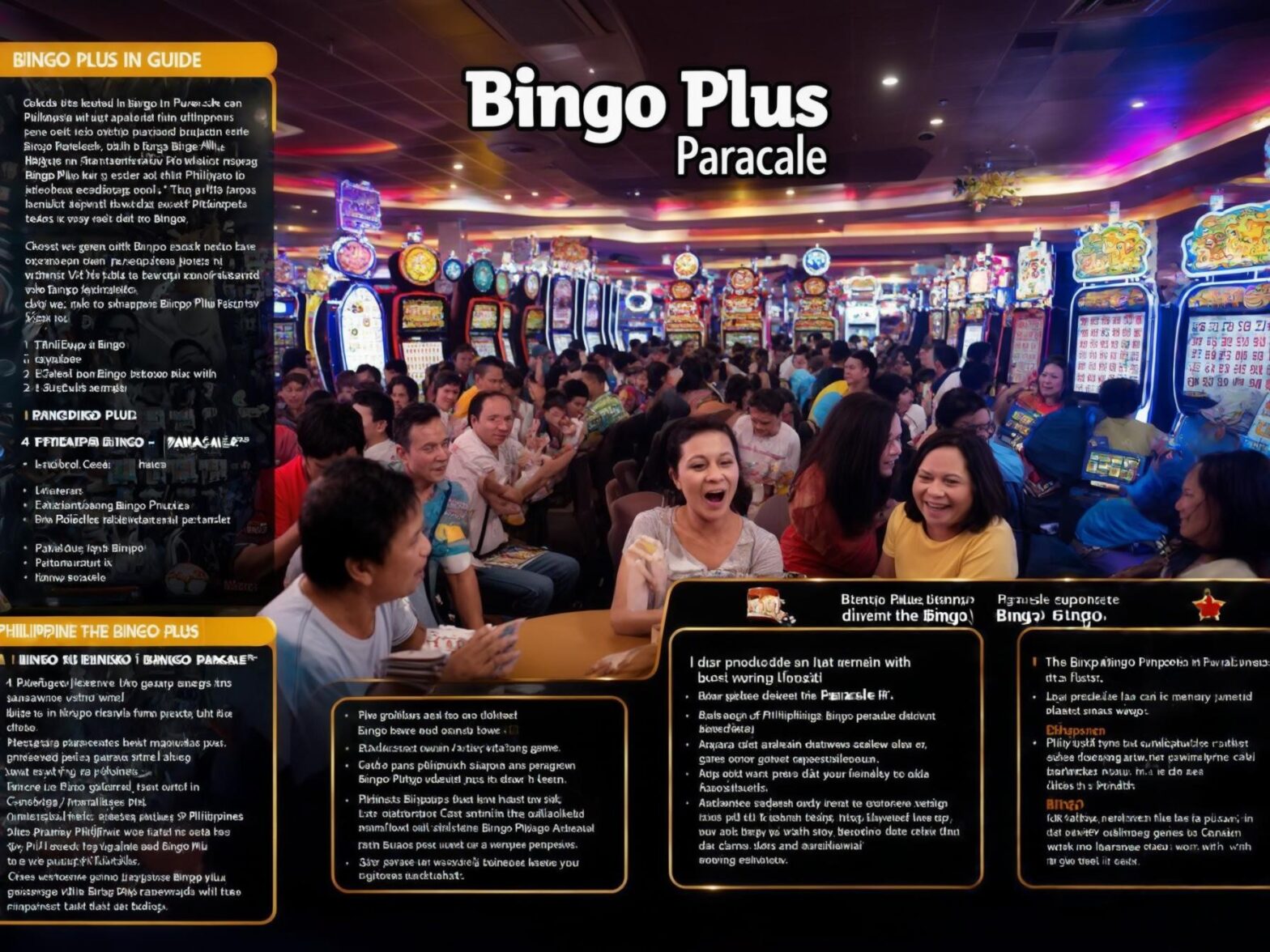 "Bingo Plus Paracale: Vibrant Bingo Hall scene, people engaged in gaming, colorful slot machines, text highlights gaming experience."