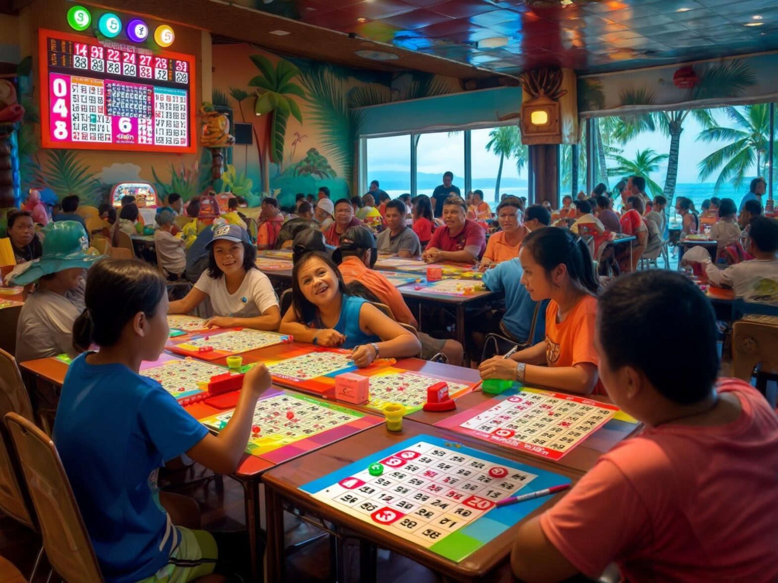 People playing bingo in a tropical-themed indoor setting near large windows overlooking palm trees and an ocean view.