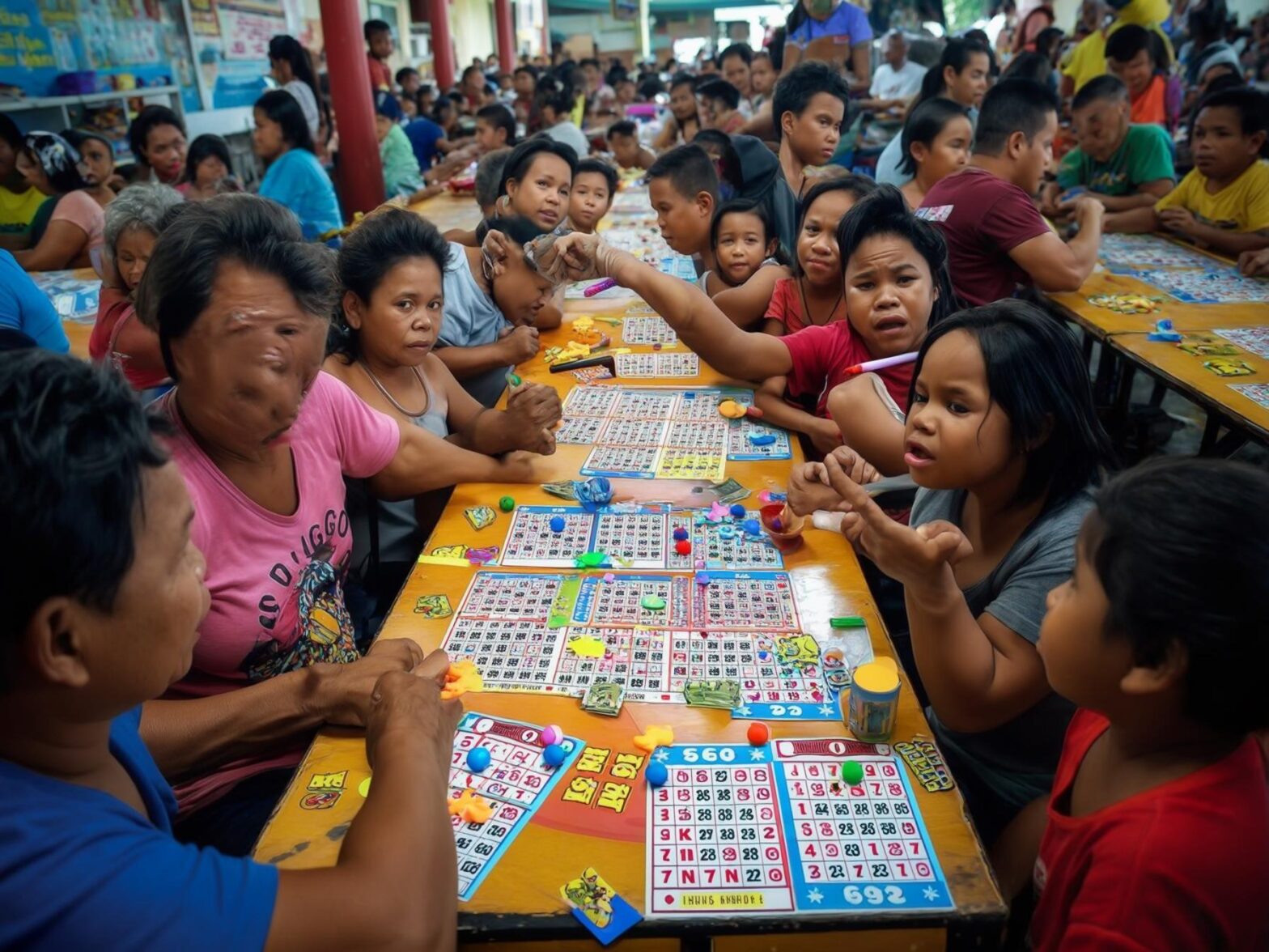 People playing bingo at crowded tables, colorful bingo cards and markers, vibrant community gathering atmosphere.