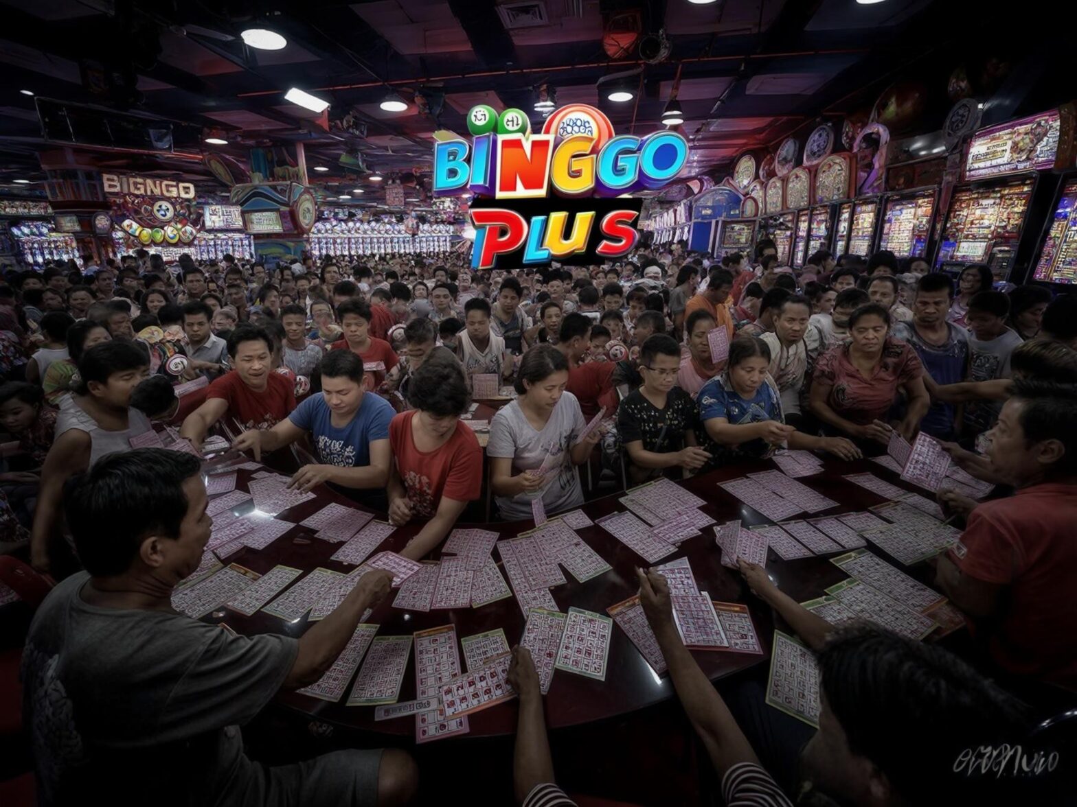 Crowded bingo hall with colorful Bingo Plus sign above and people holding bingo cards on tables.