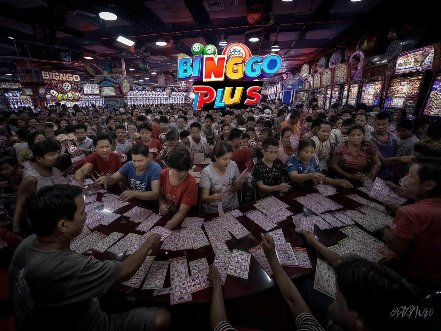 Crowded bingo hall with colorful Bingo Plus sign above and people holding bingo cards on tables.