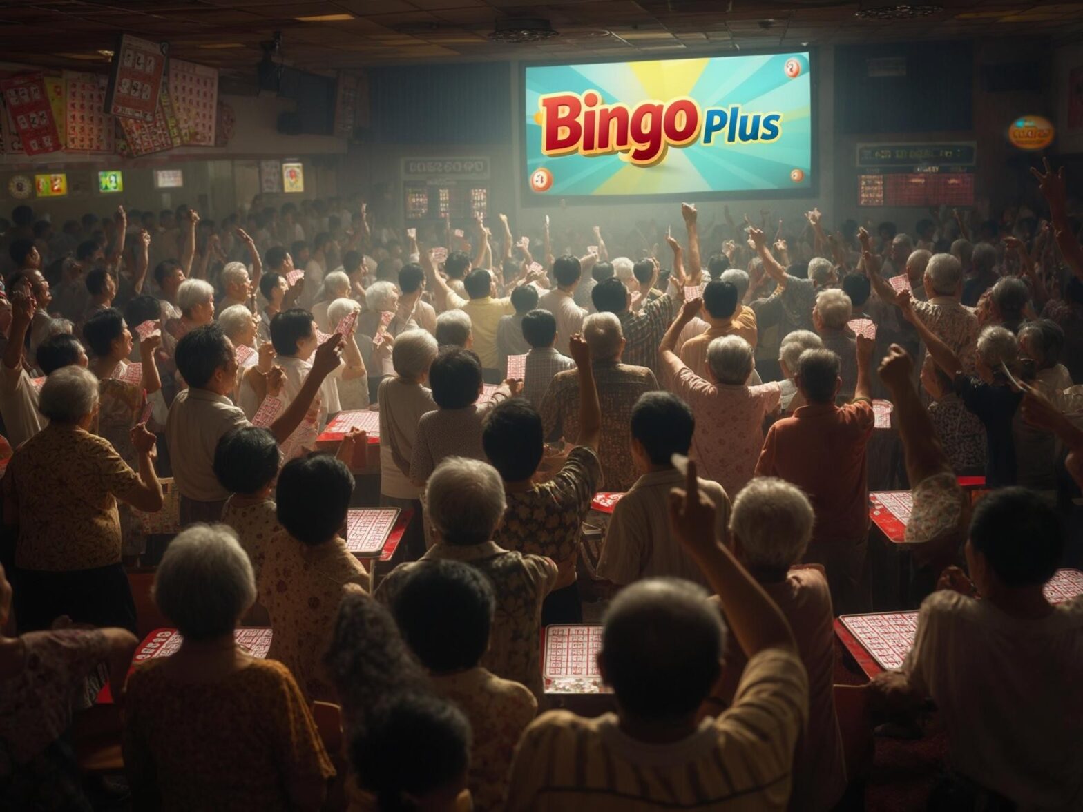 Large group of elderly people playing bingo enthusiastically in a crowded hall.