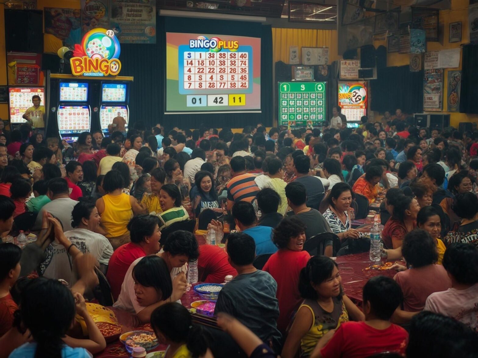 Crowded bingo hall with colorful screens displaying game numbers, people engaged in playing, and vibrant atmosphere.