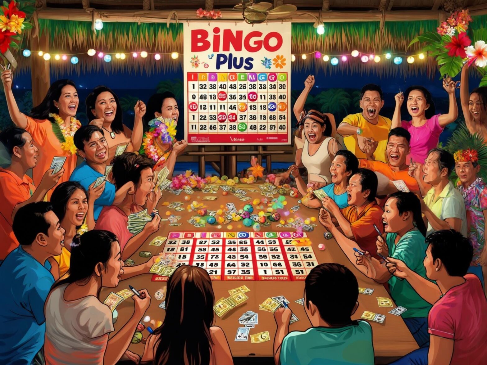 Exciting bingo night with colorful decorations, lively participants, and a festive atmosphere.
