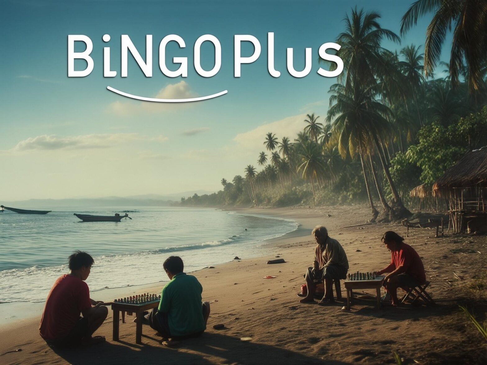Four people playing chess on a tropical beach at sunset with palm trees and boats in the background.