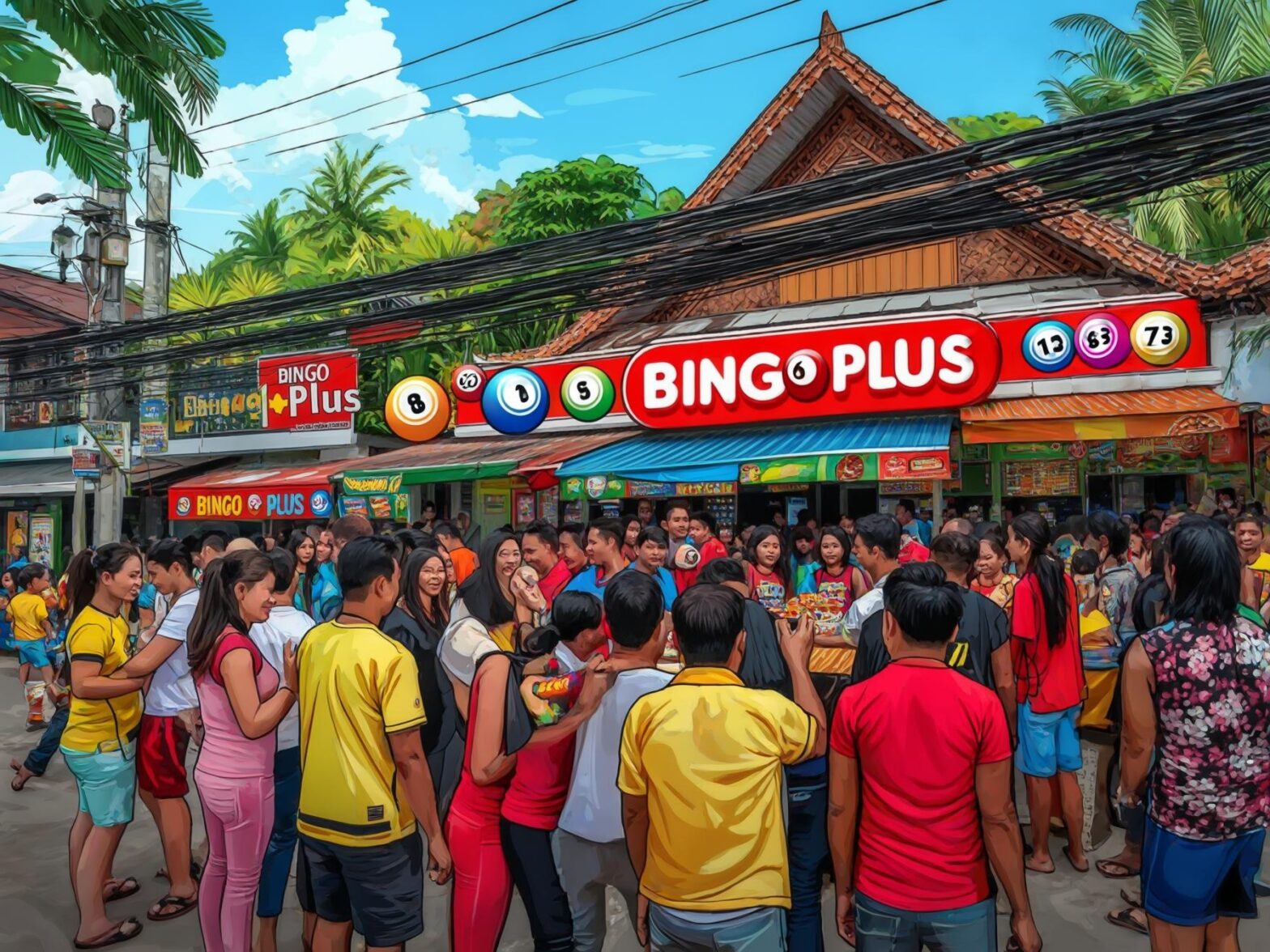 A crowd gathers in front of a Bingo Plus storefront in a bustling outdoor market, vibrant signs and tropical scenery in the background.