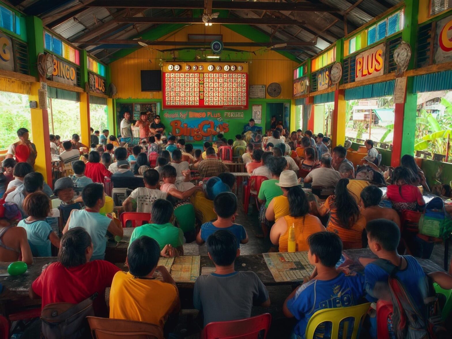 Packed bingo hall with engaged players concentrating on their bingo cards, surrounded by colorful walls and bingo signage.